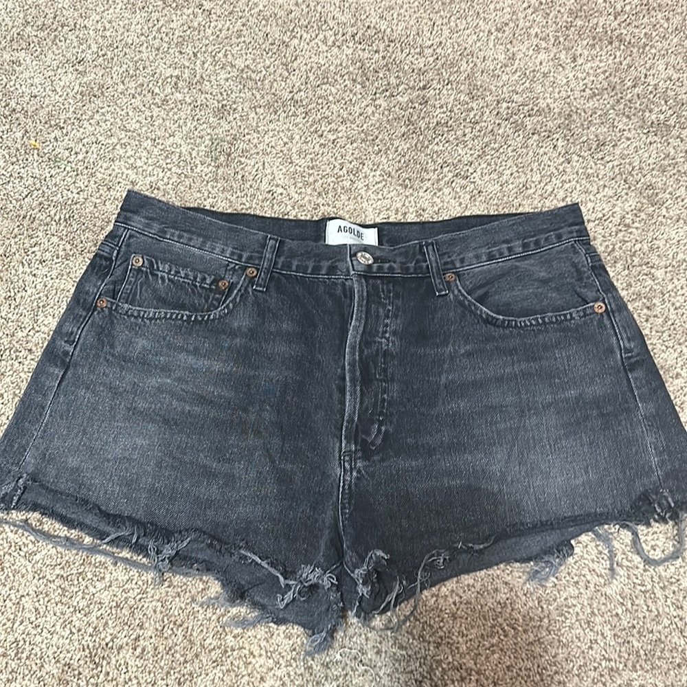 AGOLDE high waisted distressed black denim shorts